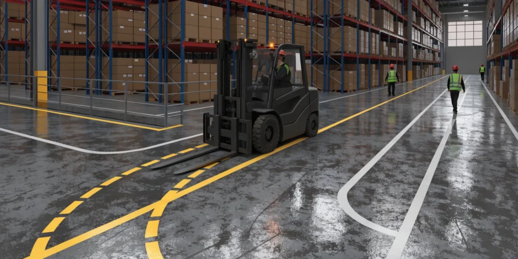 استانداردهای خط‌کشی ایمنی (Safety Marking) با اپوکسی در انبارها و مسیرهای تردد لیفتراک