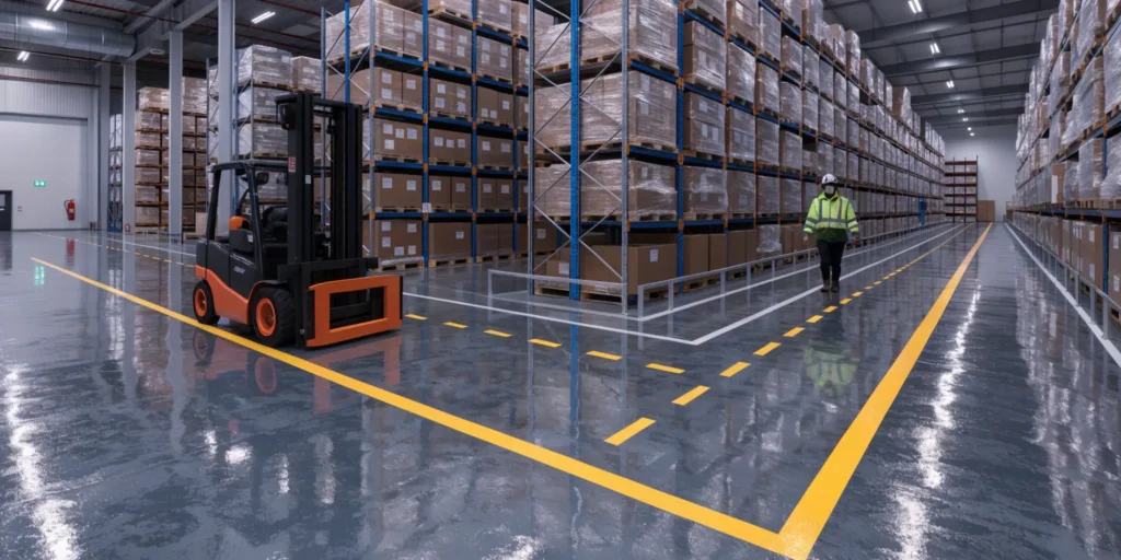 استانداردهای خط‌کشی ایمنی (Safety Marking) با اپوکسی در انبارها و مسیرهای تردد لیفتراک